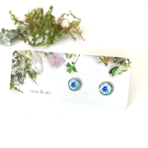 Tiny Violet Flower Studs: Surgical Steel, Herbal Green Jewelry