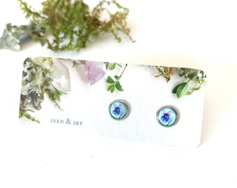 Tiny Violet Flower Studs: Surgical Steel, Herbal Green Jewelry