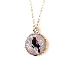 Silver Blackbird Necklace, Red Winged Blackbird Pendant, Bird Art Jewelry