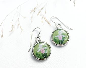 Lady slipper earrings, Flower earrings, Orchid, Nature jewelry, Lady slipper orchid