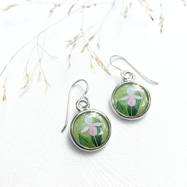 Lady slipper earrings, Flower earrings, Orchid, Nature jewelry, Lady slipper orchid