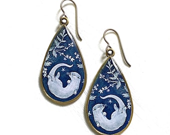 River Otter Large Teardrop Earrings, Made from an original painting, Floral pattern, colorful illustrated, unique otter jewelry