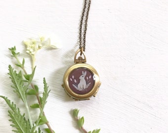 Bunny Locket, Rabbit Necklace, Easter Jewelry, Bunny Rabbit, Bunny and Feathers, Unique Locket