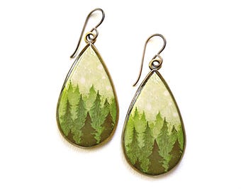 Wald Ohrringe, Kunst Schmuck, große Ohrringe, Wald Druck, Wald Kunst, Kiefer, grüne Ohrringe, Wald Ohrringe, große Ohrringe für Frauen