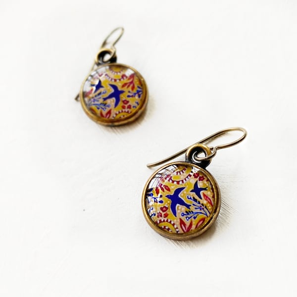 Joyful Flight Earrings, Bronze Mustard Yellow, Goldenrod Colorful Jewelry, Handmade Art Jewelry