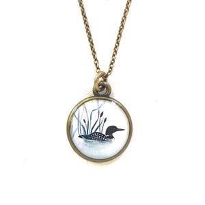 Loon Art Necklace: Brass Oxide Finish, Bird Painting