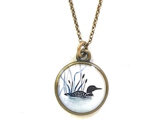 Loon Art Necklace: Brass Oxide Finish, Bird Painting