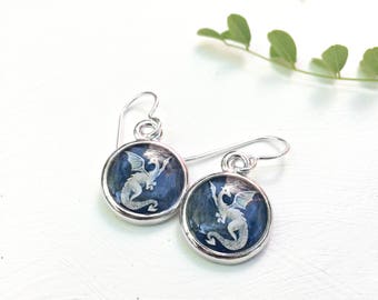 Dragon Earrings, made from an original dragon painting, Navy Blue and white mythical jewelry
