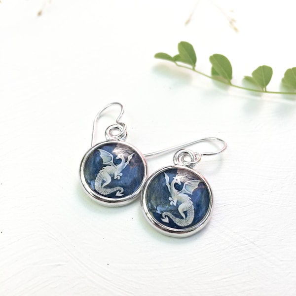 Dragon Earrings, made from an original dragon painting, Navy Blue and white mythical jewelry