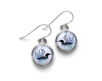 Loon earrings, Sterling silver bird art jewelry