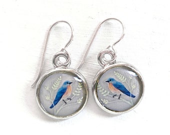 Bird Earrings, Silver Bluebird Earrings, Handcrafted Tiny Painting, Blue Bird Jewlery