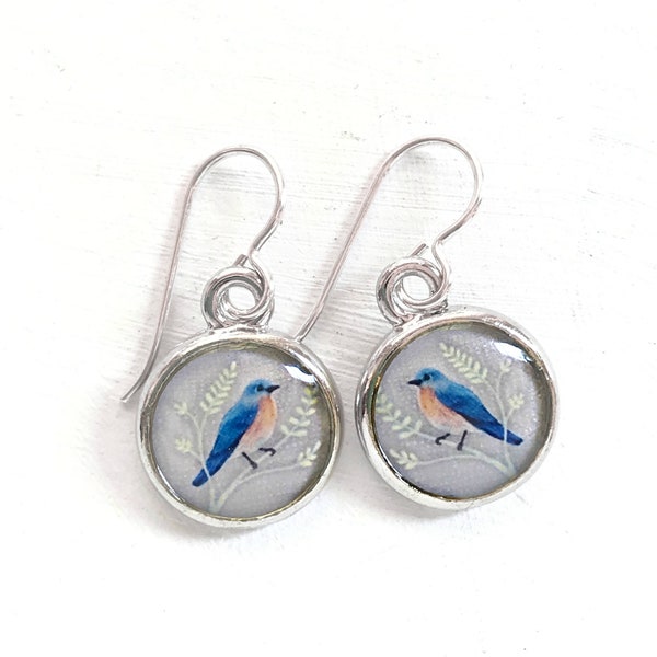 Bird Earrings, Silver Bluebird Earrings, Handcrafted Tiny Painting, Blue Bird Jewlery