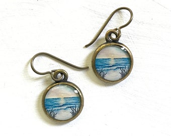 Ocean Earrings, Beach Jewelry made from an original painting, ocean view, sand and saltwater, Seaside