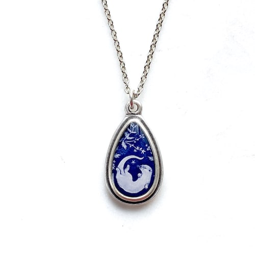 Teardrop Otter Necklace, Silver Fine Art Print Pendant