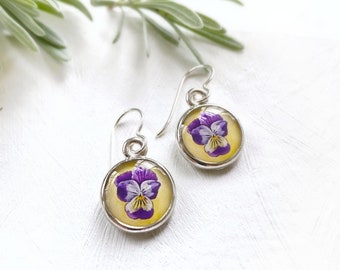 Purple Pansy Silver Earrings, Flower Jewelry, Pansy Earrings, Pansy Gift, wearable art, artisan jewelry