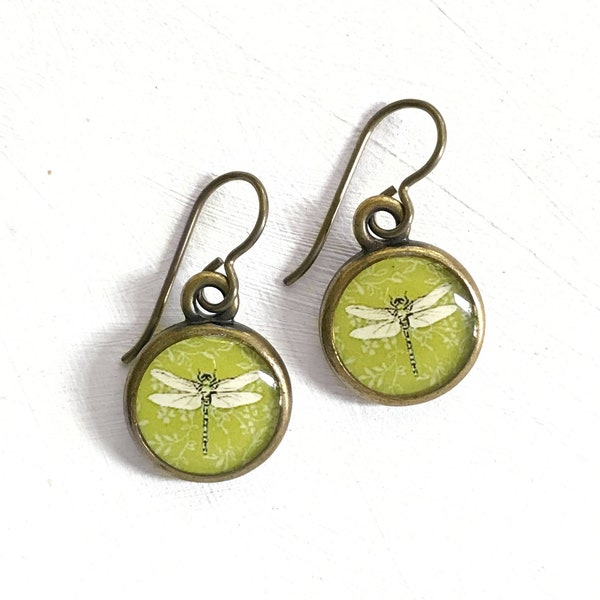 Handcrafted Dragonfly Earrings, Chartreuse Earrings, Spring Green Jewelry made from Original Painting, Dragonfly Jewelry, Springtime jewelry