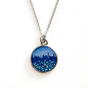 Night STAR NECKLACE / Illustrated Jewelry / Indigo Blue Fireflies and Stars Stargazing