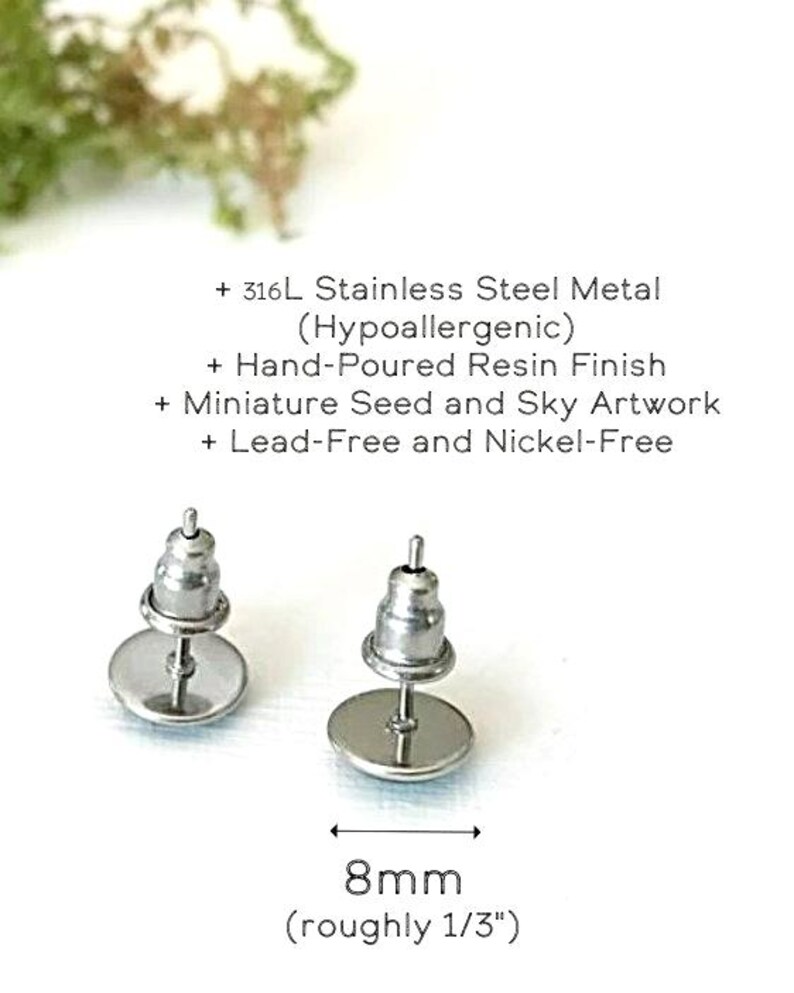May include: Two stainless steel stud earrings with a hand-poured resin finish. The earrings are 8mm (roughly 1/3") in diameter and feature miniature seed and sky artwork. The text indicates they are lead-free and nickel-free.