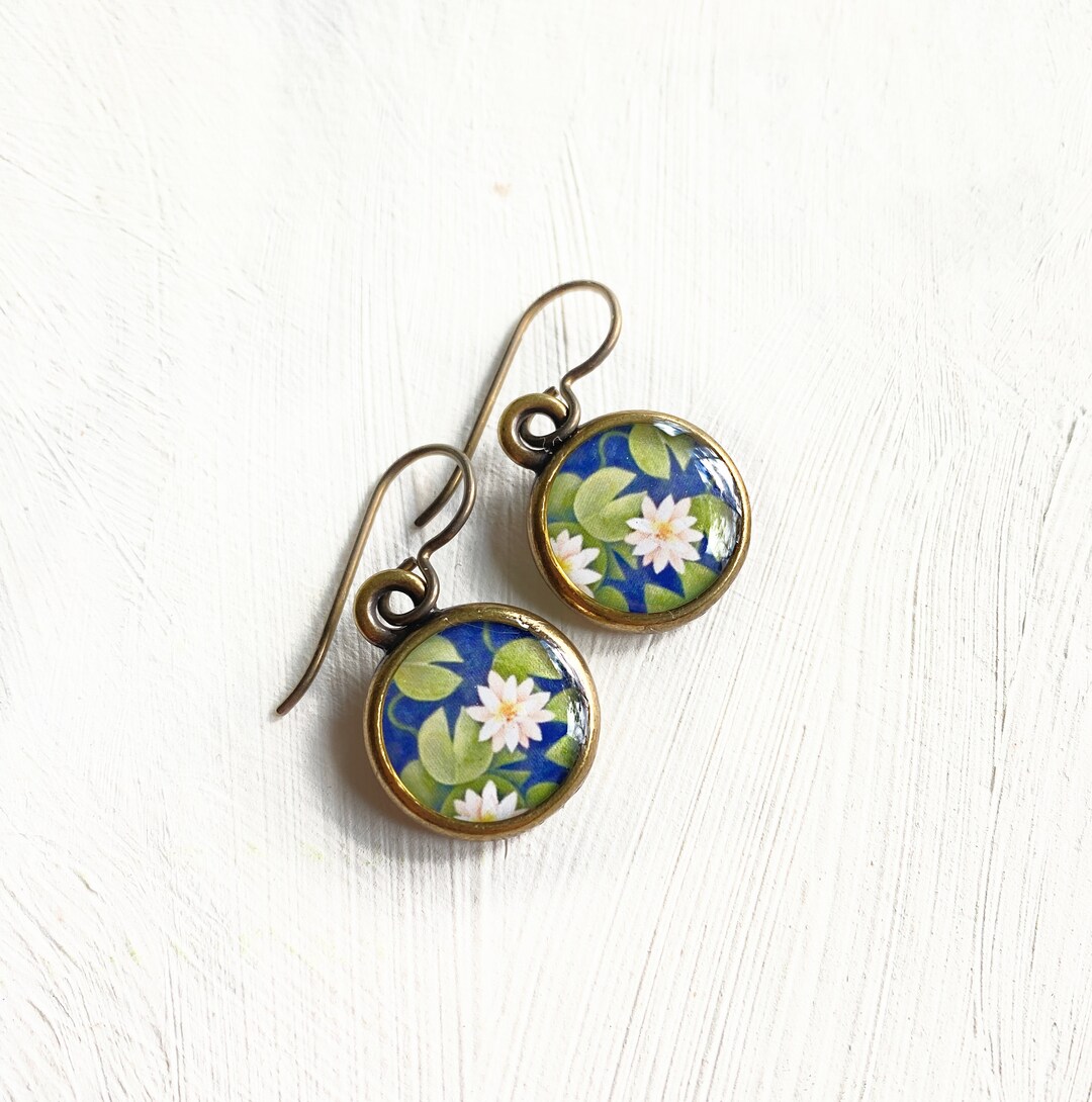 Water Lily Earrings, Water Lilies, Nature Jewelry, Illustrated Jewelry