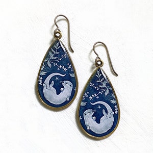 River Otter Large Teardrop Earrings, Made from an original painting, Floral pattern, colorful illustrated, unique otter jewelry