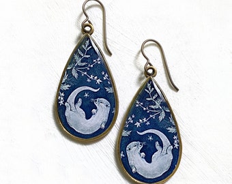 River Otter Large Teardrop Earrings, Made from an original painting, Floral pattern, colorful illustrated, unique otter jewelry