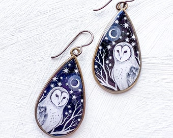 Barn Owl Tear Drop Earrings, Owl Earrings, Bird Earrings