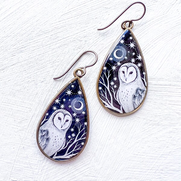 Barn Owl Tear Drop Earrings, Owl Earrings, Bird Earrings