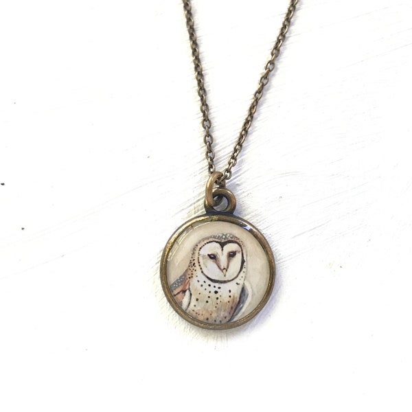 BARN OWL NECKLACE, Handmade Illustrated Owl Art Necklace, Barn Owl