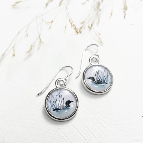 Loon earring, Loon Print, Bird Prints, Bird Earrings, Bird Jewelry, Loon Art, Bird Painting, Delicate Earrings, Water Birds