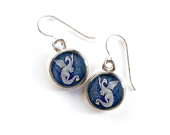 Dragon Earrings, made from an original dragon painting, Navy Blue and white mythical jewelry