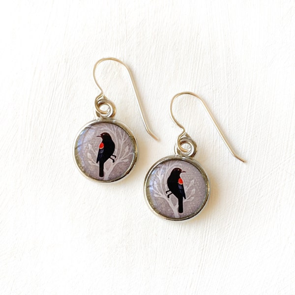 Red Winged Blackbird Jewelry, Bird Earrings, Art Jewelry