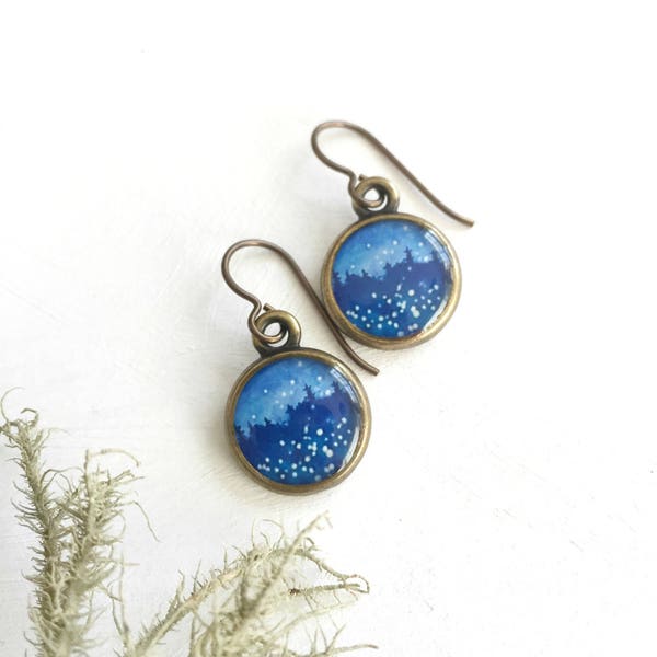 Starry Sky Earrings, Field of Fireflies, Lightning Bug Earrings, Starry Night, Blue Night Sky, Fireflies and Stars,  Blue Forest