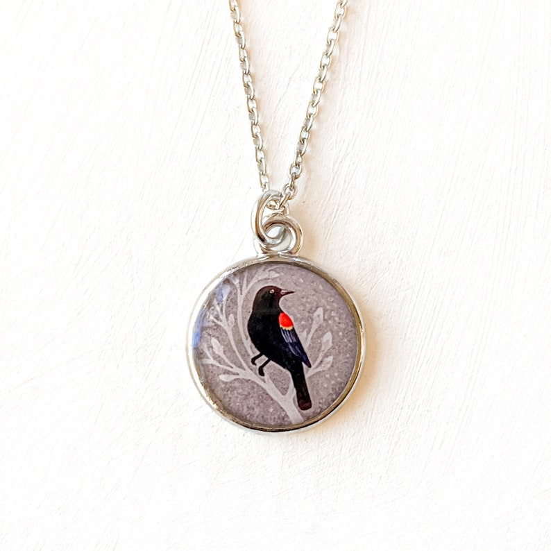 Silver Blackbird Necklace, Red Winged Blackbird Pendant, Bird Art Jewelry image 1