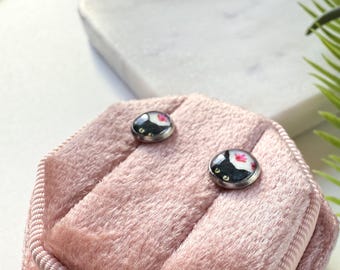 Black cat stud earrings, Miniature art print, Surgical steel posts