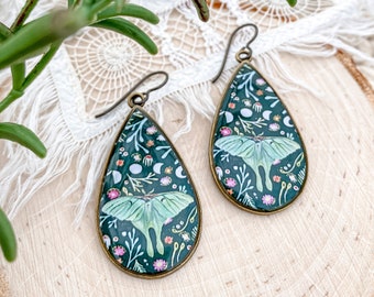 Luna Moth Large Teardrop Earrings, Made from an original painting, Floral pattern, colorful illustrated, unique luna jewelry