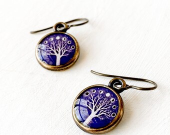 Moon Earrings, Moon phase Tree Earrings , Phases of the Moon , Moon Luna World Tree Jewelry , Purple Moon Phases