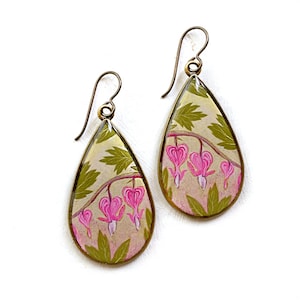 Bleeding Heart Teardrop Earrings, Large flower jewelry, Spring garden art