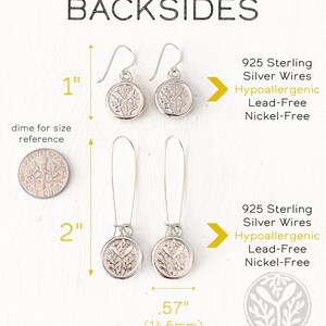 May include: Image shows two pairs of silver earrings with a botanical design. One pair is 1 inch long, the other is 2 inches long. The text reads "BACKSIDES" and "925 Sterling Silver Wires, Hypoallergenic, Lead-Free, Nickel-Free."