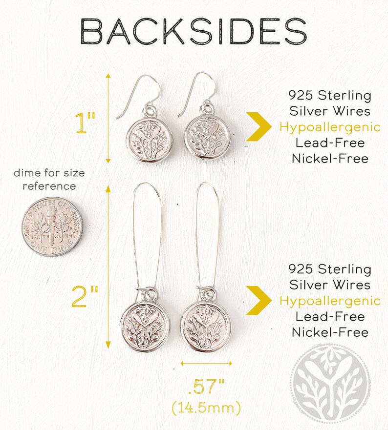May include: Image shows two pairs of silver earrings with a botanical design. One pair is 1 inch long, the other is 2 inches long. The text reads "BACKSIDES" and "925 Sterling Silver Wires, Hypoallergenic, Lead-Free, Nickel-Free."