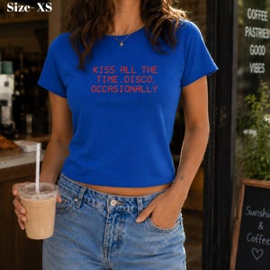 Kiss All The Time Disco Occasionally Baby Tee, Red Text Harry Concert Merch T-Shirt