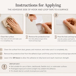 Instructional image showing how to apply Hook and Loop tape to surface, step-by-step guide for cleaning and attaching curtain securely