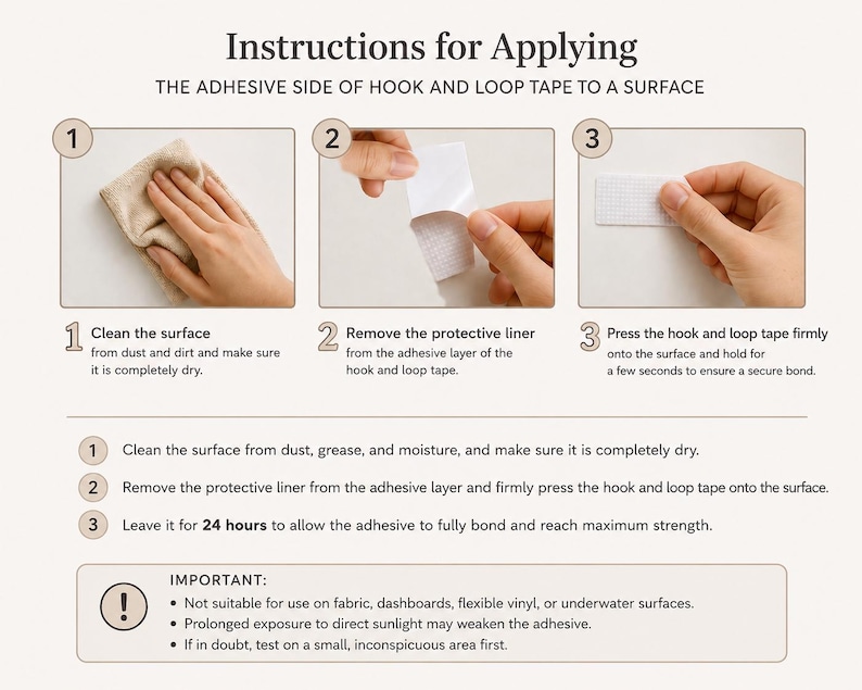 Instructional image showing how to apply Hook and Loop tape to surface, step-by-step guide for cleaning and attaching curtain securely