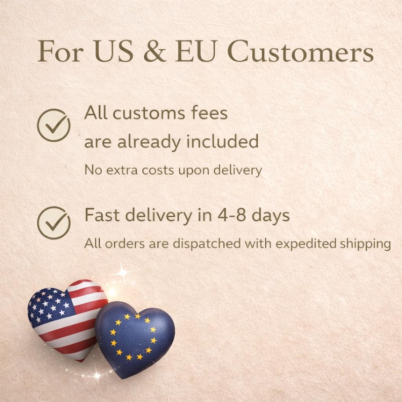 Linen pillowcase shipping information banner, US and EU customers no customs fees included, fast delivery from Europe with trusted service
