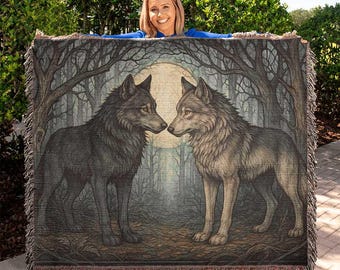 Woven Cotton Blanket – Enchanted Forest Wolves, Full Moon Tapestry