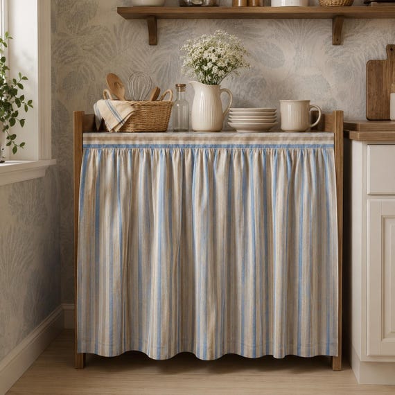 Linen Blend Cabinet Curtain, Farmhouse Pink or Blue Stripe No Drill Curtain