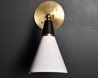 Adjustable Brass Wall Sconce, Mid Century Modern Cone Shade Lamp, Bedside Reading Light