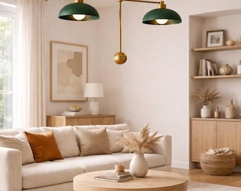 Grüner Doppelkuppel Kronleuchter, Mid Century Modern Messing Pendelleuchte, Skandinavische Esszimmerlampe