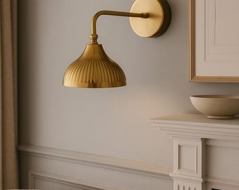 Vintage Brass Wall Sconce • Ribbed Shade Bedside Reading Light