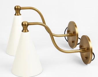 Modern Brass Cone Shade Sconce | Mid Century Minimalist Wall Lamp, Vanity Light, bedside lamp