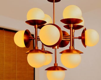 Mid Century Modern Sputnik Chandelier, 13 Globe Brass Opal Glass Ceiling Lamp